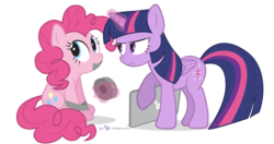 Size: 1140x600 | Tagged: safe, artist:dm29, pinkie pie, twilight sparkle, alicorn, earth pony, pony, g4, apple (company), computer, duct tape, duo, female, frown, gag, glare, laptop computer, looking away, magic, mare, parody, simple background, sitting, tape gag, telekinesis, that's enough internet for today, transparent background, twilight sparkle (alicorn), twilight sparkle is not amused, unamused