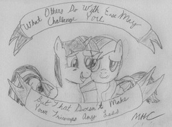 Size: 1104x817 | Tagged: safe, artist:medicinemane, rainbow dash, twilight sparkle, alicorn, pony, g4, female, mare, monochrome, mouthpiece, positive ponies, traditional art, twilight sparkle (alicorn)