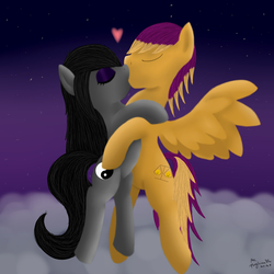 Size: 2500x2500 | Tagged: source needed, useless source url, safe, artist:mrs-ponylicious, oc, oc only, cloud, cloudy, eyes closed, female, flying, heart, high res, kissing, male, shipping, straight