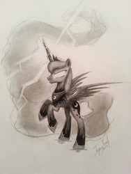 Size: 2448x3264 | Tagged: safe, artist:antonny195, princess luna, alicorn, pony, g4, female, glowing eyes, high res, lightning, magic, monochrome, solo, traditional art