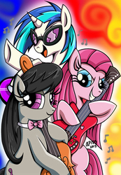 Size: 420x608 | Tagged: safe, artist:aurora-chiaro, artist:daniel-sg, dj pon-3, octavia melody, pinkie pie, vinyl scratch, earth pony, pony, unicorn, g4, bow (instrument), electric guitar, female, guitar, music notes, musical instrument, pinkamena diane pie, trio, trio female