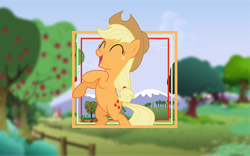 Size: 1920x1200 | Tagged: safe, artist:damuchi99, artist:patec, applejack, earth pony, pony, g4, ^^, bipedal, eyes closed, female, mare, rearing, solo, sweet apple acres, vector, wallpaper