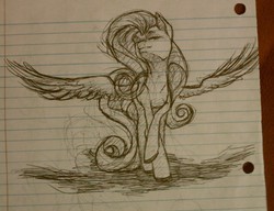 Size: 1280x984 | Tagged: safe, artist:amphoera, fluttershy, g4, eyes closed, female, lined paper, solo, spread wings, traditional art