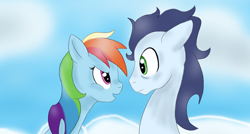 Size: 2016x1080 | Tagged: safe, artist:wolfspirit1292, rainbow dash, soarin', g4, eye contact, female, male, ship:soarindash, shipping, smiling, straight