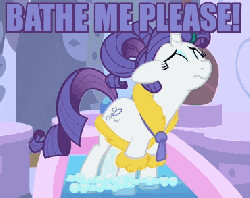 Size: 370x294 | Tagged: safe, edit, screencap, rarity, pony, unicorn, g4, green isn't your color, animated, bath, bathrobe, blinking, bronybait, clothes, cute, eyes closed, female, floppy ears, frown, gritted teeth, image macro, mare, meme, open mouth, ponytail, pouting, purple text, raribetes, robe, sad, solo, talking, text
