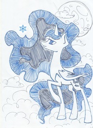 Size: 2511x3468 | Tagged: safe, artist:icepool27, princess luna, g4, female, high res, looking up, moon, raised hoof, smiling, snowflake, solo, traditional art