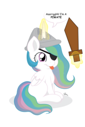 Size: 3076x4573 | Tagged: safe, artist:quarantinedchaoz, princess celestia, g4, :p, cewestia, cute, cutelestia, eyepatch, female, filly, hat, magic, paper hat, pirate, smiling, solo, tongue out, wooden sword