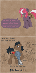 Size: 1600x3200 | Tagged: safe, artist:dreadcoffins, oc, oc:asterisk the witch, changeling, ash williams, boomstick, bruce campbell, chainsaw, crossover, explicit source, garlic, pie, ponified, tail wrap, time travel, tumblr
