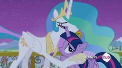 Size: 1366x768 | Tagged: safe, screencap, princess celestia, twilight sparkle, alicorn, pony, g4, twilight's kingdom, female, hub logo, mare, twilight sparkle (alicorn)