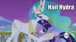 Size: 960x540 | Tagged: safe, screencap, princess celestia, twilight sparkle, alicorn, pony, g4, twilight's kingdom, female, hail hydra, hub logo, image macro, mare, meme, red skull, twilight sparkle (alicorn)