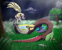Size: 999x799 | Tagged: safe, artist:dantalianletrou, discord, fluttershy, g4, bedroom eyes, eyes closed, female, flying, grass, male, night, on back, ship:discoshy, shipping, sky, smiling, spread wings, straight, tree