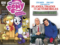 Size: 1978x1504 | Tagged: safe, artist:amy mebberson, idw, official comic, applejack, rarity, g4, my little pony: friends forever, comic, comparison, cover, john candy, john hughes, planes trains and automobiles, steve martin