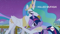 Size: 1280x720 | Tagged: safe, screencap, princess celestia, twilight sparkle, alicorn, pony, g4, confession, female, hub logo, mare, murderer, the lion king, twilight sparkle (alicorn)