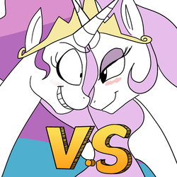 Size: 1000x1000 | Tagged: safe, artist:klondike, princess celestia, princess molestia, g4, blushing, grin, horn, horns are touching, self ponidox, smiling