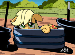 Size: 1024x753 | Tagged: safe, artist:hotdog, applejack, earth pony, pony, g4, cute, female, floppy ears, horses doing horse things, jackabetes, looking at you, peeking, ponified animal photo, silly, silly pony, solo, trough, underhoof, water trough, who's a silly pony