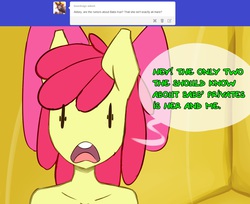 Size: 1280x1042 | Tagged: safe, artist:somescrub, apple bloom, earth pony, anthro, ask nudist sweetie belle, g4, cousin incest, female, implied cousin incest, implied incest, ship:appleseed, solo