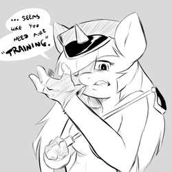 Size: 1200x1200 | Tagged: safe, artist:cold-blooded-twilight, twilight sparkle, anthro, cold blooded twilight, g4, bdsm, clothes, dialogue, femdom, fingerless gloves, gloves, hat, monochrome, riding crop, twidom