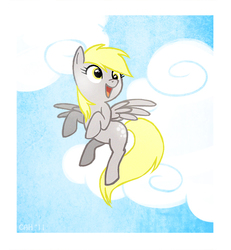 Size: 500x540 | Tagged: safe, artist:shiro, derpy hooves, pegasus, pony, g4, cloud, female, flying, sky, smiling, solo