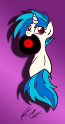 Size: 315x596 | Tagged: safe, artist:rannva, dj pon-3, vinyl scratch, pony, unicorn, g4, cute, female, filly, looking at you, looking back, mouth hold, nom, record, smiling, solo, vinylbetes