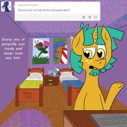 Size: 800x800 | Tagged: safe, artist:apartment2bmod, lord tirek, snails, trixie, pony, snail, unicorn, ask adult snips and snails, g4, ask, beard, bed, bedroom, female, goatee, keyboard, mare, older, plushie, solo, tumblr, window