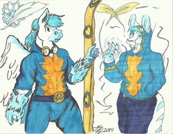 Size: 824x638 | Tagged: safe, artist:winter wright, oc, oc only, oc:winter wright, anthro, anthro oc, draft pegasus, reflection, solo, traditional art