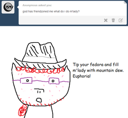 Size: 639x593 | Tagged: safe, artist:askpoorlydrawntwist, twist, g4, ask, askpoorlydrawntwist, euphoric, fedora shaming, female, glasses, hat, m'lady, mountain dew, neckbeard, quality, simple background, solo, stylistic suck, trilby, tumblr