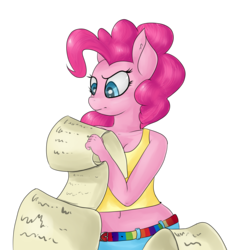 Size: 4000x4000 | Tagged: source needed, safe, artist:lisa400, pinkie pie, human, anthro, g4, pinkie pride, belly button, checklist, chores, clothes, female, frown, midriff, parchment, scene interpretation, solo, tank top