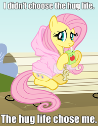 Size: 1300x1673 | Tagged: safe, artist:are-you-jealous, edit, fluttershy, g4, bench, clothes, cute, female, gangsta, hoodie, hoof hold, hug life, juice box, meme, misspelling, necklace, sitting, smiling, solo