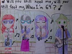 Size: 960x720 | Tagged: safe, artist:justaviewer94, silver spoon, spike, sweetie belle, twist, human, g4, bass guitar, clarinet, humanized, music, musical instrument, the beatles, traditional art
