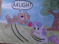 Size: 960x720 | Tagged: safe, artist:justaviewer94, button mash, sweetie belle, g4, aaugh!, american football, charlie brown, duo, parody, peanuts, traditional art