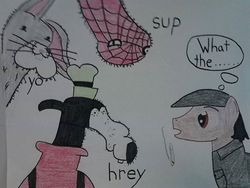 Size: 720x540 | Tagged: safe, artist:justaviewer94, oc, oc only, bogs binny, dolan, drugs, gooby, hrey, joint, male, spider-man, spoderman, traditional art, wat