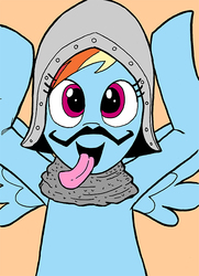 Size: 500x690 | Tagged: safe, artist:carew, rainbow dash, pegasus, pony, g4, crossover, female, french, helmet, monty python, monty python and the holy grail, silly, silly face, silly pony, solo, taunting