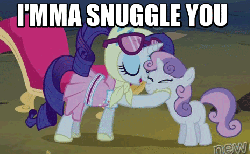 Size: 465x287 | Tagged: safe, screencap, rarity, sweetie belle, g4, sleepless in ponyville, animated, camping outfit, female, image macro, imma snuggle you, meme