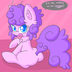 Size: 3600x3600 | Tagged: safe, artist:flowertartanon, oc, oc only, oc:flowertart, mothpony, angry, blushing, cute, ear fluff, female, filly, frown, glare, high res, looking at you, looking back, looking back at you, open mouth, raised hoof, sitting, solo