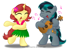 Size: 1024x725 | Tagged: safe, artist:aleximusprime, oc, oc only, oc:blackgryph0n, oc:eilemonty, pony, blackgryph0n, clothes, commission, dancing, eilemonty, eilexgryph, flower in hair, grass skirt, hawaiian flower in hair, hula, lei, music notes, musical instrument, simple background, skirt, transparent background, ukulele