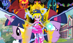 Size: 1500x900 | Tagged: safe, artist:gonzalossj3, lord tirek, nightmare moon, queen chrysalis, sunset shimmer, twilight sparkle, equestria girls, g4, dragon ball, sunset satan, super saiyan princess, twilight sparkle (alicorn)