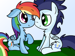 Size: 1024x768 | Tagged: safe, artist:sparkle-bliss, rainbow dash, soarin', g4, chest fluff, female, male, raised leg, ship:soarindash, shipping, sitting, smiling, straight, wide eyes