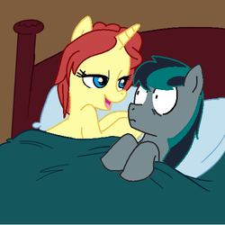 Size: 500x500 | Tagged: safe, artist:jcking101, artist:madmax, edit, oc, oc only, oc:blackgryph0n, oc:eilemonty, pegasus, pony, unicorn, aftersex ponies, bed, bedroom eyes, blackgryph0n, duo, eilemonty, eilexgryph, female, male, mare, morning after, oc x oc, pillow, ponysona, recolor, shipping, stallion, surprised, wide eyes