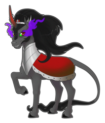 Size: 900x1056 | Tagged: safe, artist:sugarcup, king sombra, classical unicorn, pony, unicorn, g4, armor, cape, clothes, cloven hooves, curved horn, flowing mane, horn, leonine tail, looking at you, male, smiling, solo, sombra eyes, unshorn fetlocks