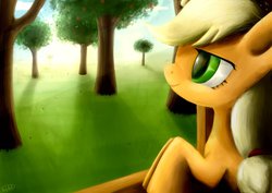 Size: 1024x723 | Tagged: safe, artist:holyroll4, applejack, g4, female, fence, solo, tree