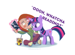 Size: 1000x733 | Tagged: safe, artist:jon-wood, twilight sparkle, human, g4, banana, blush sticker, blushing, book, chocolate, chocolate-covered banana, clothes, cute, embarrassed, fifty shades of grey, funny, funny face, hoodie, ice cream, inconvenient twilight, magic, redhead, socks