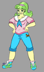 Size: 700x1140 | Tagged: safe, artist:zabchan, chickadee, ms. peachbottom, human, g4, games ponies play, colored sketch, drawthread, female, freckles, hand on hip, humanized, pony coloring, sneakers, solo