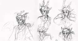 Size: 1024x544 | Tagged: safe, artist:zabchan, discord, human, anthro, g4, eared humanization, expressions, eyebrows, horn, horned humanization, human facial structure, humanized, laughing, male, monochrome, ponytail, scene interpretation, scheming, sketch dump, solo, winged humanization