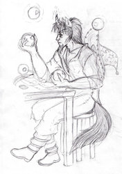 Size: 751x1065 | Tagged: safe, artist:zabchan, discord, star swirl the bearded, human, g4, discord is star swirl, eared humanization, elements of harmony, horn, horned humanization, humanized, male, medieval, monochrome, pencil drawing, sketch, solo, stool, tailed humanization, traditional art, wizard, younger
