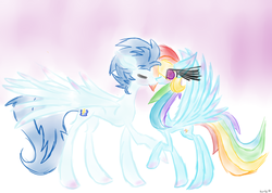 Size: 1024x731 | Tagged: safe, artist:swirlyquill, rainbow dash, soarin', g4, blushing, eyes closed, female, kissing, male, raised leg, ship:soarindash, shipping, shocked, spread wings, straight