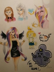 Size: 500x661 | Tagged: safe, artist:humm-ii, princess cadance, human, g4, adventure time, animal crossing, anna, elsa, frozen (movie), humanized, isabelle, lumpy space princess, male, sketch dump, traditional art