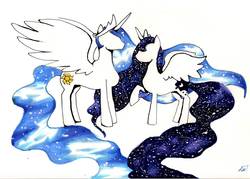 Size: 500x357 | Tagged: safe, artist:humm-ii, princess celestia, princess luna, alicorn, pony, g4, female, mare