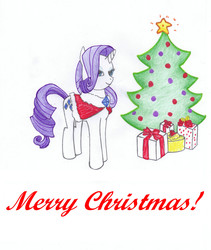 Size: 1251x1483 | Tagged: safe, artist:reddish-muse, rarity, g4, christmas, christmas tree, clothes, holiday, present, solo, tree