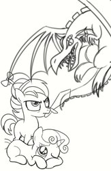 Size: 722x1107 | Tagged: safe, artist:drawponies, button mash, sweetie belle, dragon, g4, drawing, monochrome, sketch
