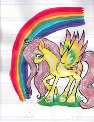 Size: 1533x1987 | Tagged: safe, artist:alaer, fluttershy, g4, female, obtrusive watermark, rainbow, solo, traditional art, watermark